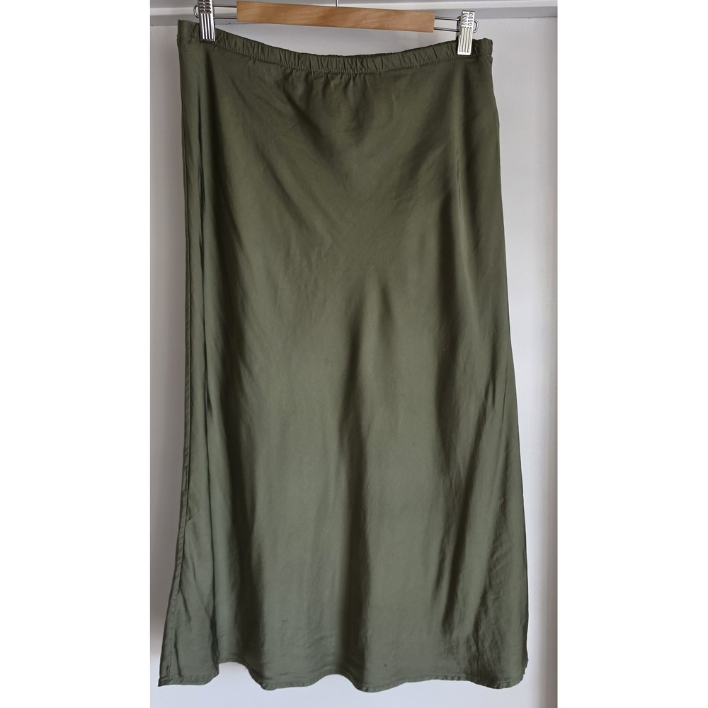 SENES Womens Midi Skirt Olive Green Satin Italy Straight Pull On